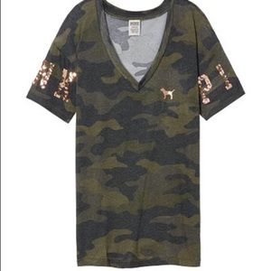 Victoria secret pink camo bling t shirt camouflage size large L preowne like new